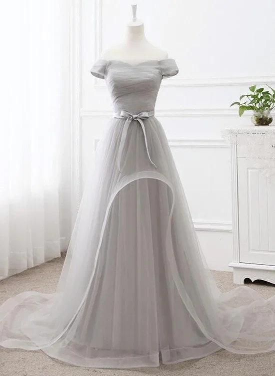 Women's Casual Attire Grey Tulle Party Dress  Tulle Long Formal Gown New Long Grey Gown gh554