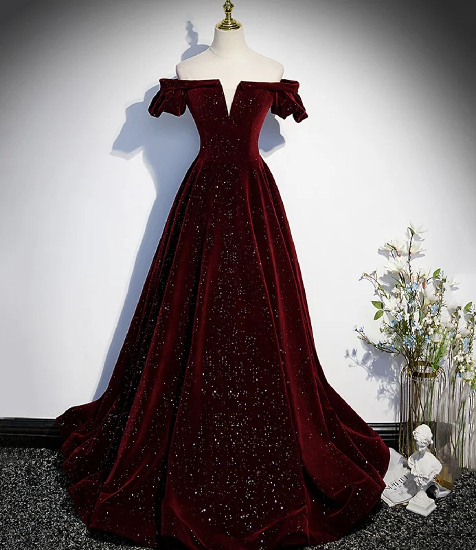 Charming Women's Holiday Apparel Burgundy velvet long prom dress A line evening gown  10274