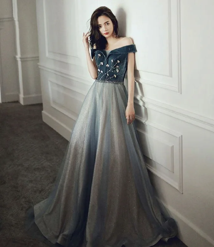 Sustainable Women's Apparel Blue velvet tulle long prom dress evening gown  10233