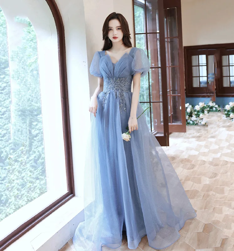 Timeless Women's Clothing Blue tulle sequins long prom dress A line evening gown  10013