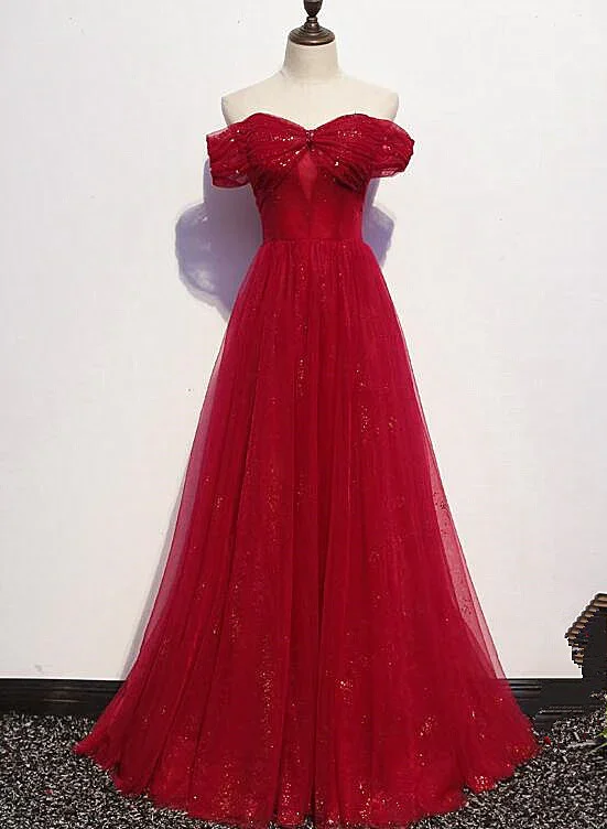 Women's Outdoor Attire Beautiful Dark Red A-Line Off Shoulder Prom Gown, Wine Red Party Dress  gh402