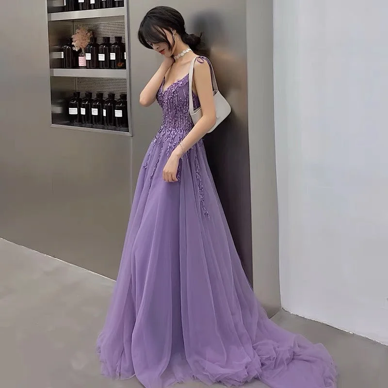 Women's Clothes For Outdoor Events Purple tulle lace long prom dress A line evening gown  10127