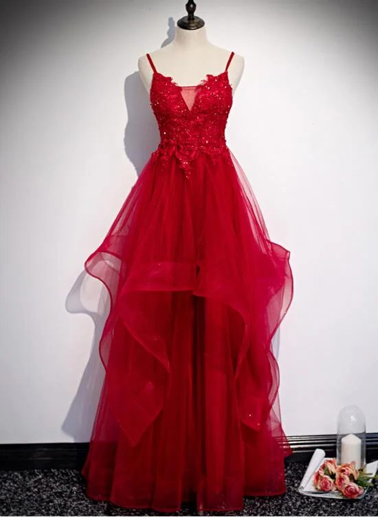 Women's Festive Attire Red Lace Tulle Layered Straps Fashionable Long Party Dress, Long Prom Gown gh277