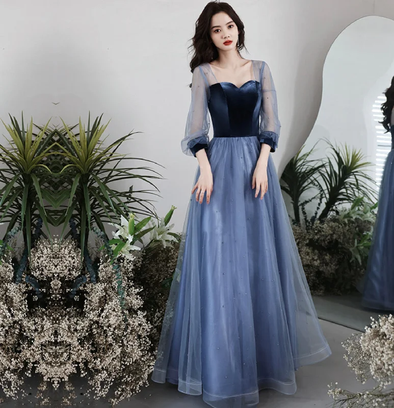 Women's Clothing For Work Blue vlevet tulle long prom dress A line evening gown  10077