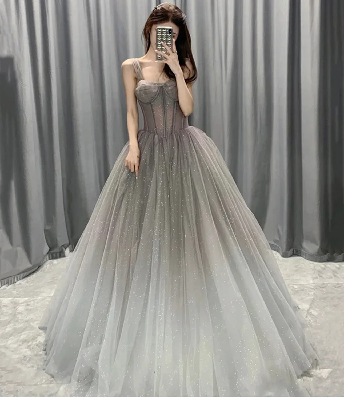 Women's Evening Garments Gray tulle sequins long prom dress A line evening gown  10564