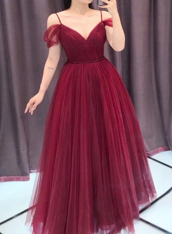 Women's Stylish Vacation Attire Wine Red Straps Off Shoulder A-Line Tulle Evening Dress Party Dress, Dark Red Prom Dress Formal Gown gh84