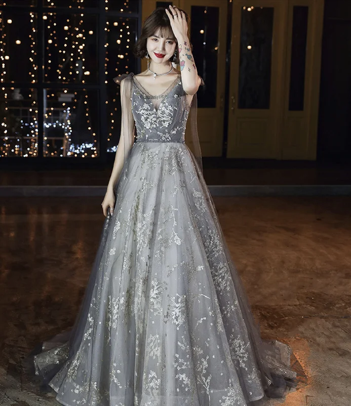 Women's Travel Garments Gray tulle sequins long prom dress A line evening gown  10436