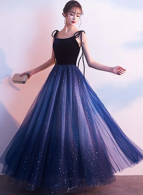 Women's Formal Event Attire Blue Tulle With Velvet Straps Long Party Dress, Gorgeous Formal Gown gh551