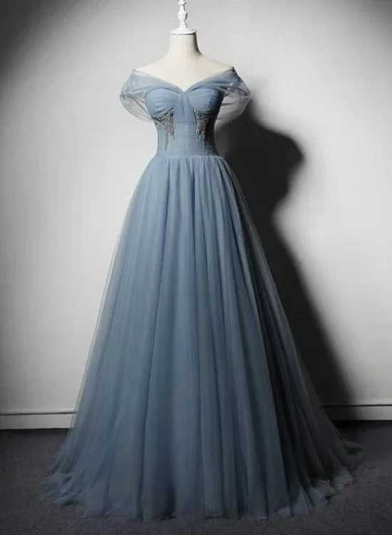 Formal Garments For Women Grey-Blue Tulle Off Shoulder Beaded Long Prom Dress Party Dress, Long Evening Gowns  gh16