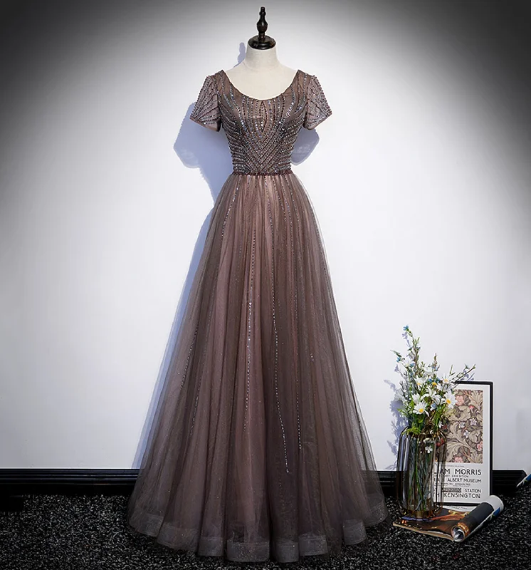 Affordable Trendy Clothes For Women Shiny tulle beads long prom dress A line evening gown  10108