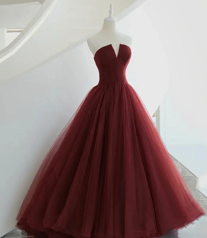 Affordable Women's Garments Burgundy tulle long prom dress A line evening gown  10563