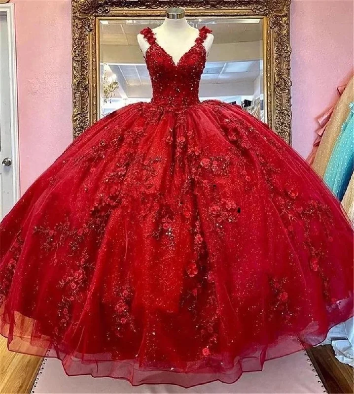 Women's Casual Wear Outfit Red elegant charming applique long prom dress evening gown handmade flowers fluffy custom 3d flowers new arrival party dress gh912