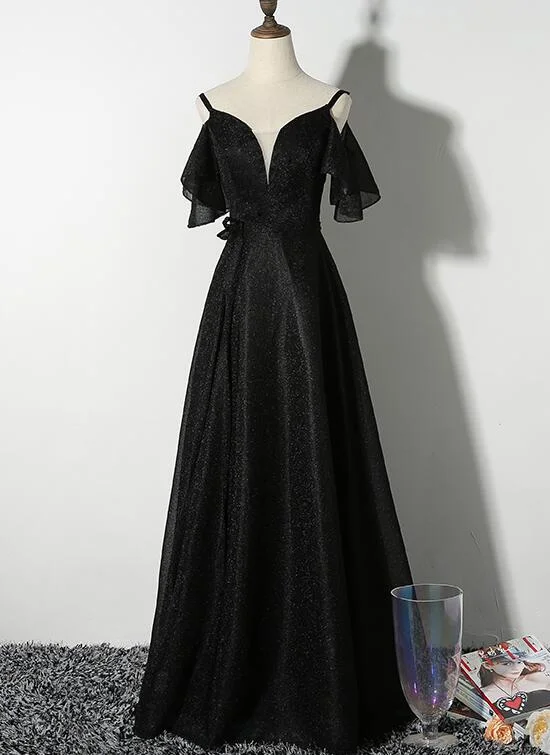 Women's Outerwear Attire Beautiful Black Straps V-Neckline Long Party Dress, Black Formal Gown gh472