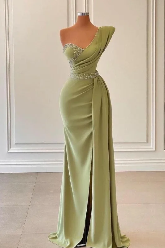 Women's Transitional Outfit Sage green elegant one shoulder slit long fitted mermaid ball gown evening dress with beads gh793