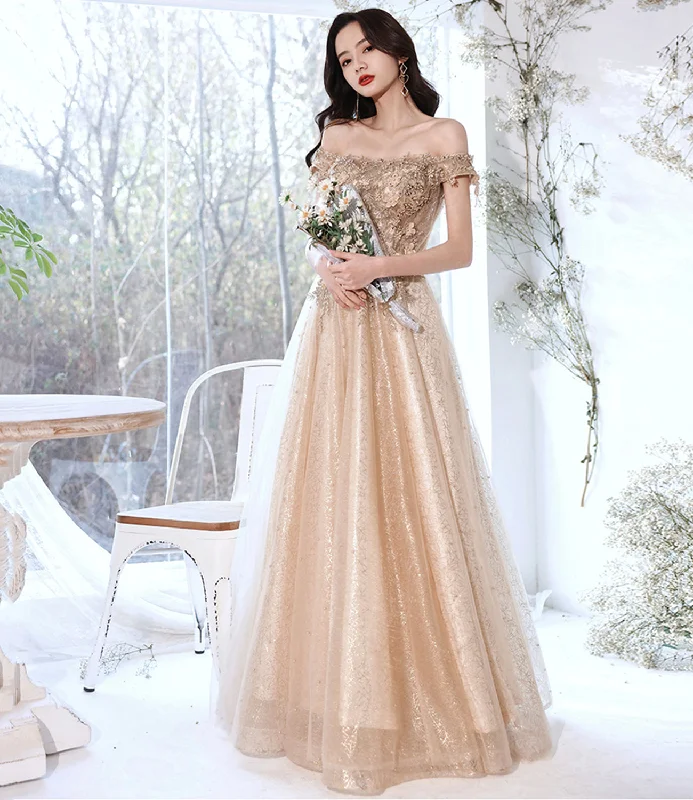 Women's Chic Outerwear Garments Champagne tulle lace long prom dress A line evening gown  10381