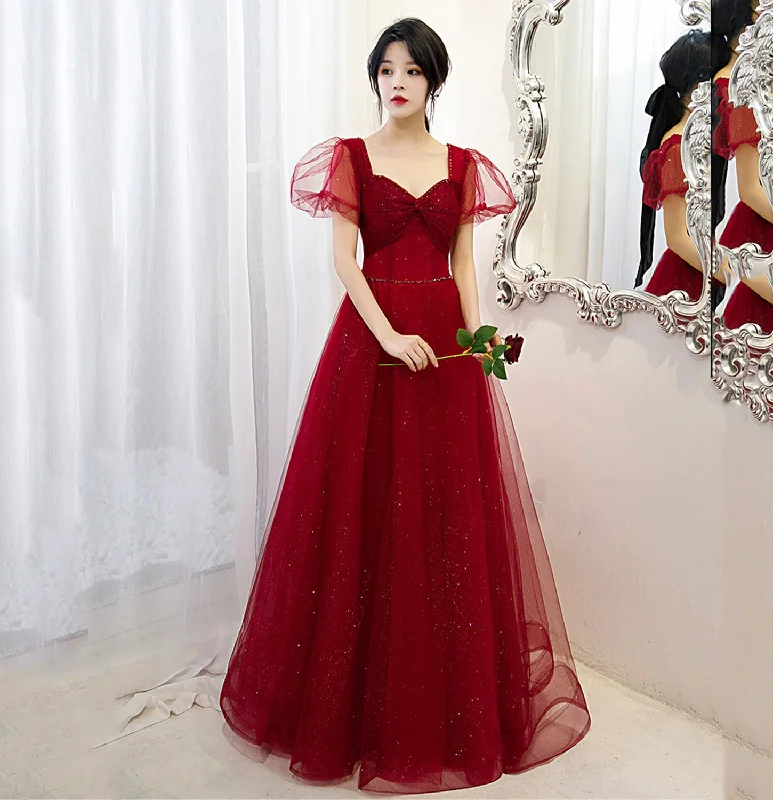 Women's Active Clothing Burgundy tulle long A line prom dress evening gown  10070