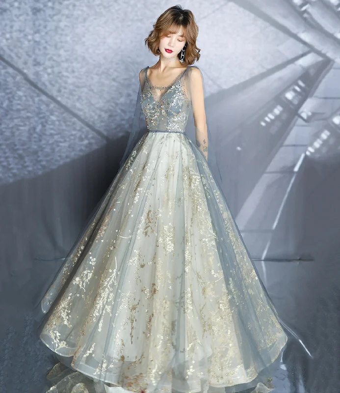 Women's Luxury Garments Gray tulle sequins long prom dress A line evening gown  10492