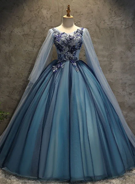 Women's Plus-Size Attire Blue Tulle Ball Gown Long Sweet 16 Dress With Lace Applique, Prom Dress gh251