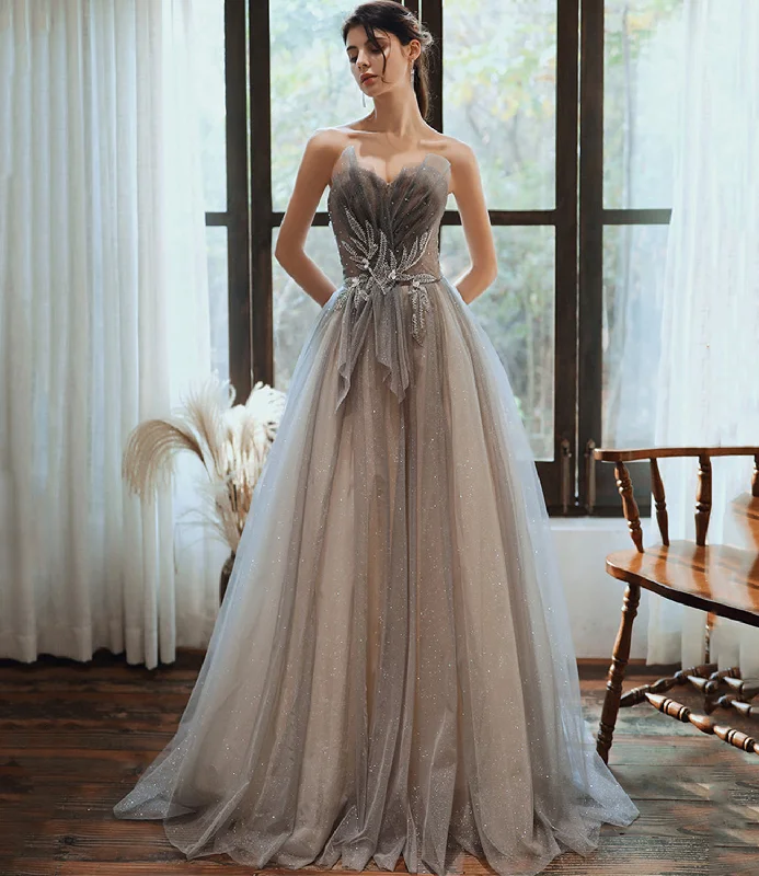 Women's Workout Garments Gray tulle sequins long prom dress A line evening gown  10376