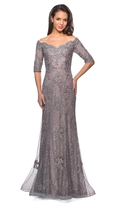 Women's Work Outfit For The Office La Femme - 24866SC Elbow Length Sleeve Embroidered Sheer Overlay Evening Gown