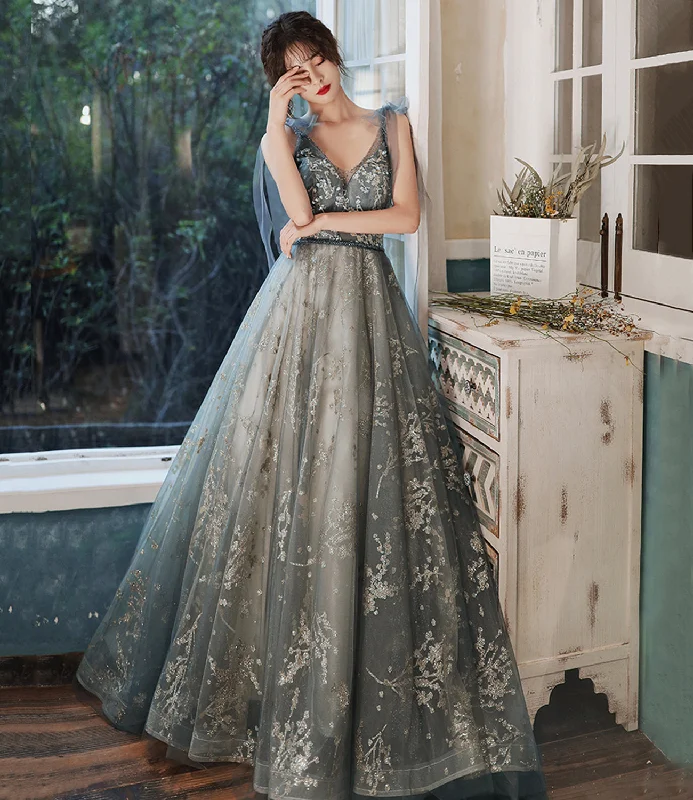 Women's Relaxed Clothes Gray tulle sequins long prom dress evening gown  10121