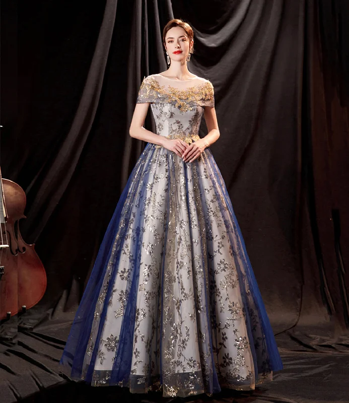 Women's Functional Outdoor Garments Blue tulle sequins long prom dress evening gown  10361