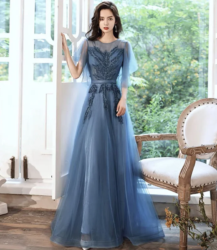 Women's Chic Apparel Blue tulle lace long prom dress blue evening gown  10286