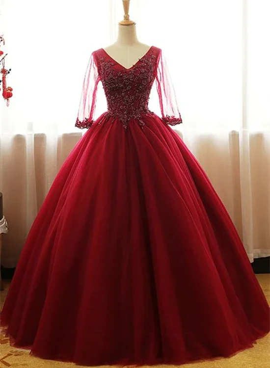 Women's Travel Attire Wine Red 1/2 Sleeves Tulle Formal Gown Long Party Dress gh525