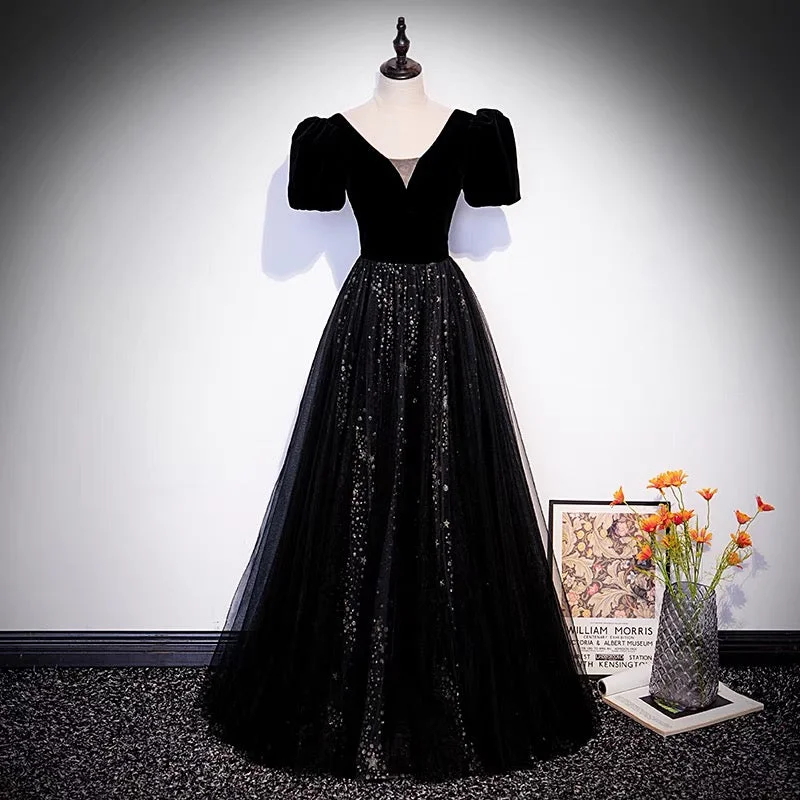 Women's Holiday Clothing Black velvet tulle long prom dress A line evening gown  10106