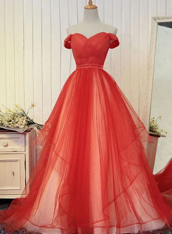 Women's Office Attire Hot Red Tulle Party Gown, Off The Shoulder Women Formal Dress  gh537