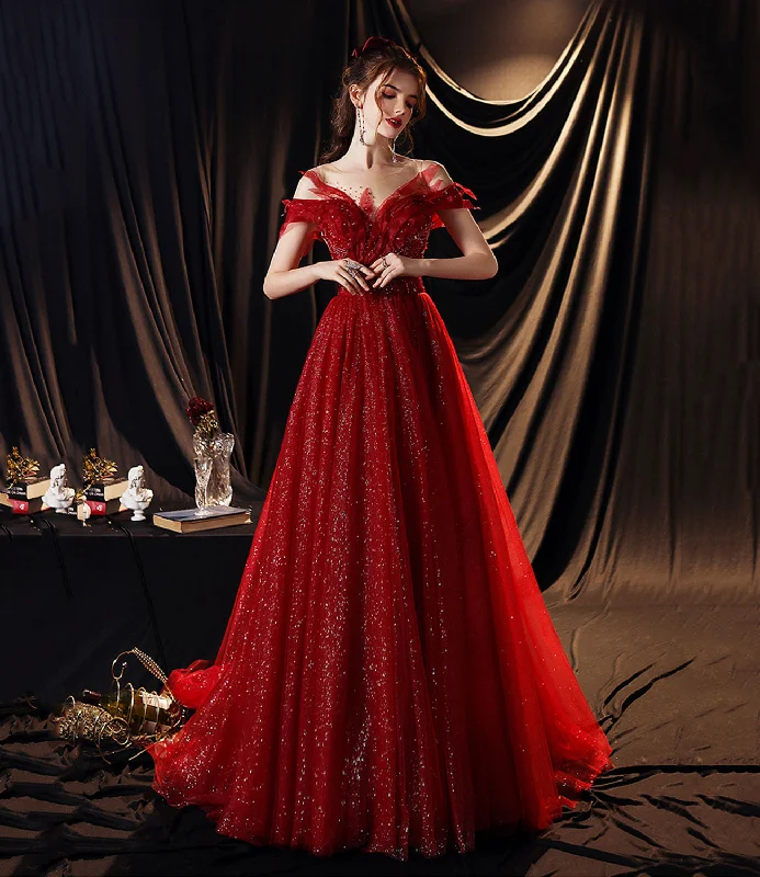 Stylish Women's Apparel Red tulle sequins long prom dress A line evening gown  10355