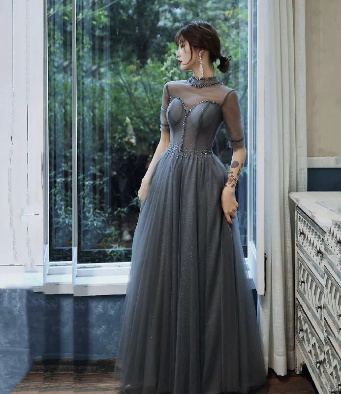 Women's Professional Apparel Gray tulle beads long prom dress A line evening gown  10278