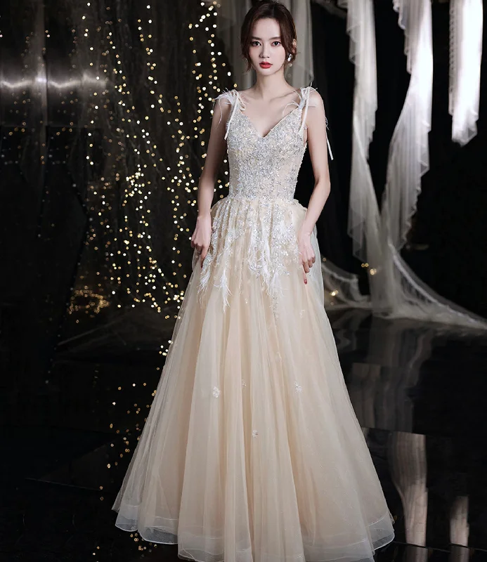 Modern Women's Apparel Champagne tulle sequins long prom dress evening gown  10281