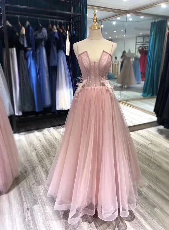 Affordable Women's Attire Charming Tulle Straps Long Formal Gown, Pink Elegant Party Dress  gh539