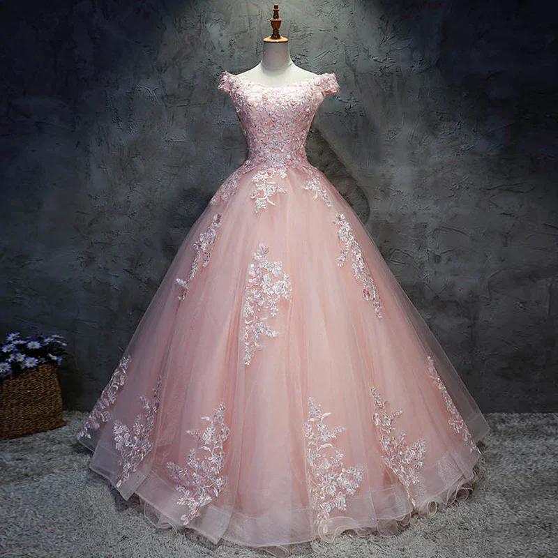 Women's Garments Pink Cap Sleeves Ball Gown Tulle With Lace Sweet 16 Dresses, Long Quinceanera Dresses gh77