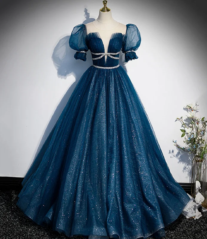 Chic Clothes For Women Blue tulle sequins long prom dress blue evening gown  10223