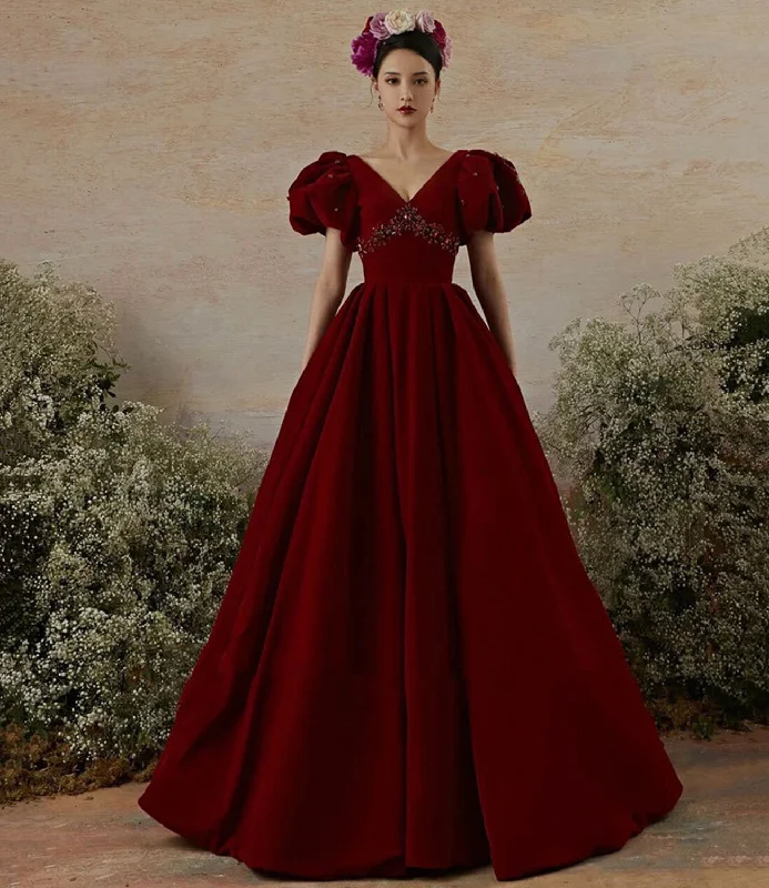 Women's Contemporary Apparel Burgundy velvet long prom dress evening gown  10239