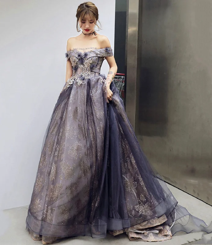 Women's Clothes For Work Purple tulle sequins long prom dress A line evening gown  10204