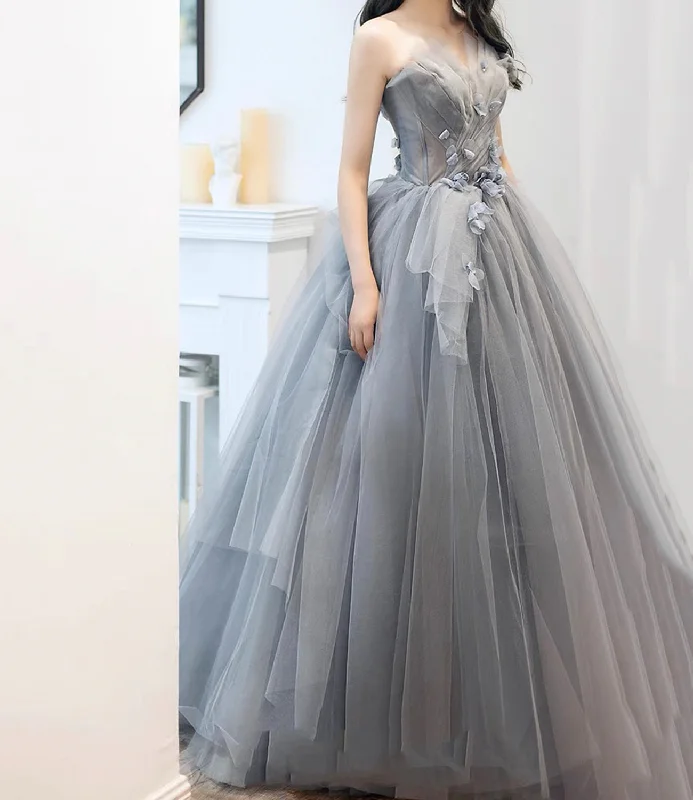 Women's Elegant Garments Gray tulle applique long prom dress A line evening gown  10485