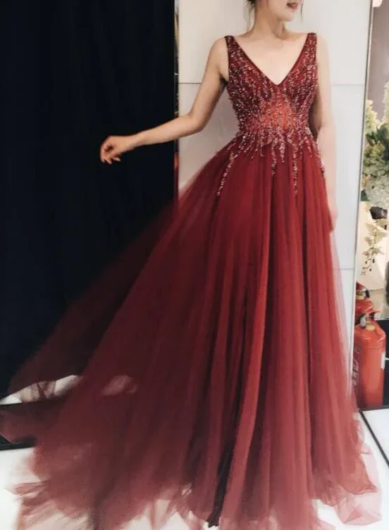 Stylish Women's Attire Charming V-Neckline Tulle Beaded Prom Gown, Evening Dresses gh573