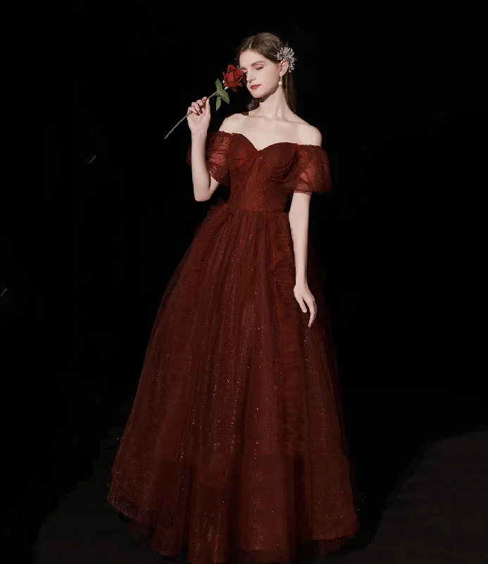 Women's Outdoor Activity Garments Burgundy tulle long prom dress A line evening gown  10439