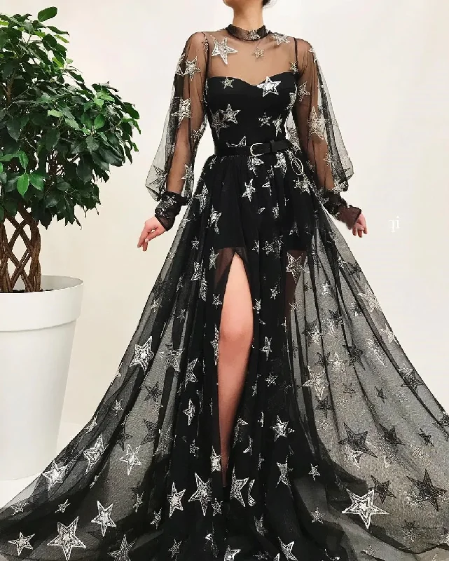 Women's Functional Outfit For Outdoor Activities Black High Neck Sparkly Long Sleeve Unique Prom Dress Gorgeous Evening Gowns  gh871