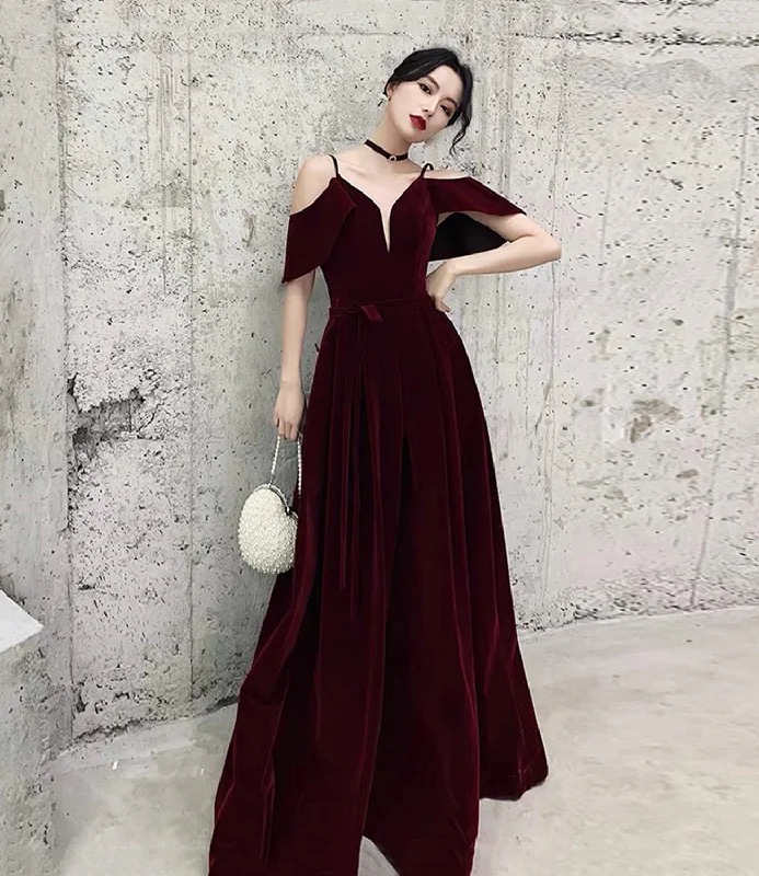 Women's Stylish Professional Garments Burgundy velvet long prom dress A line evening gown  10370