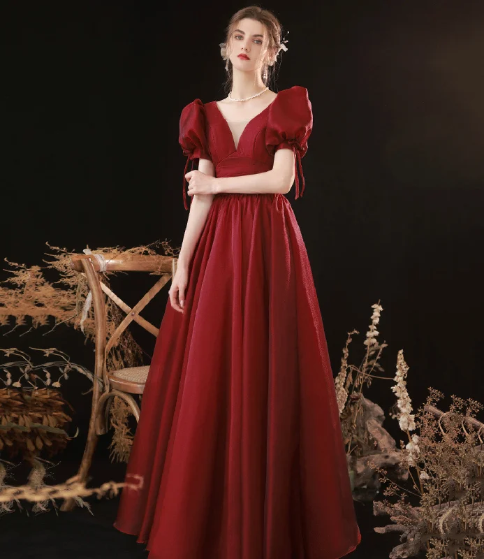 Fashionable Women's Clothing Burgundy v neck long prom dress A line evening gown  10078