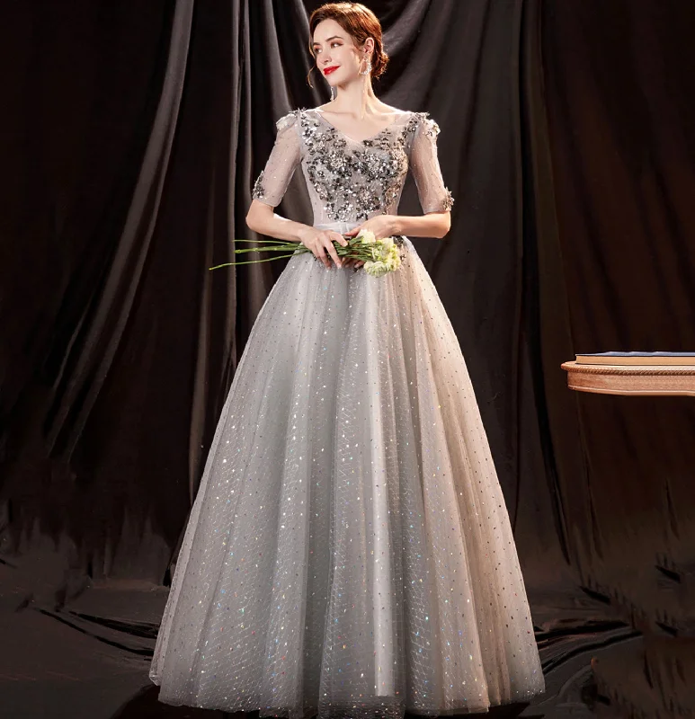 Women's Seasonal Clothes Gray tulle sequins long ball gown dress formal dress  10147