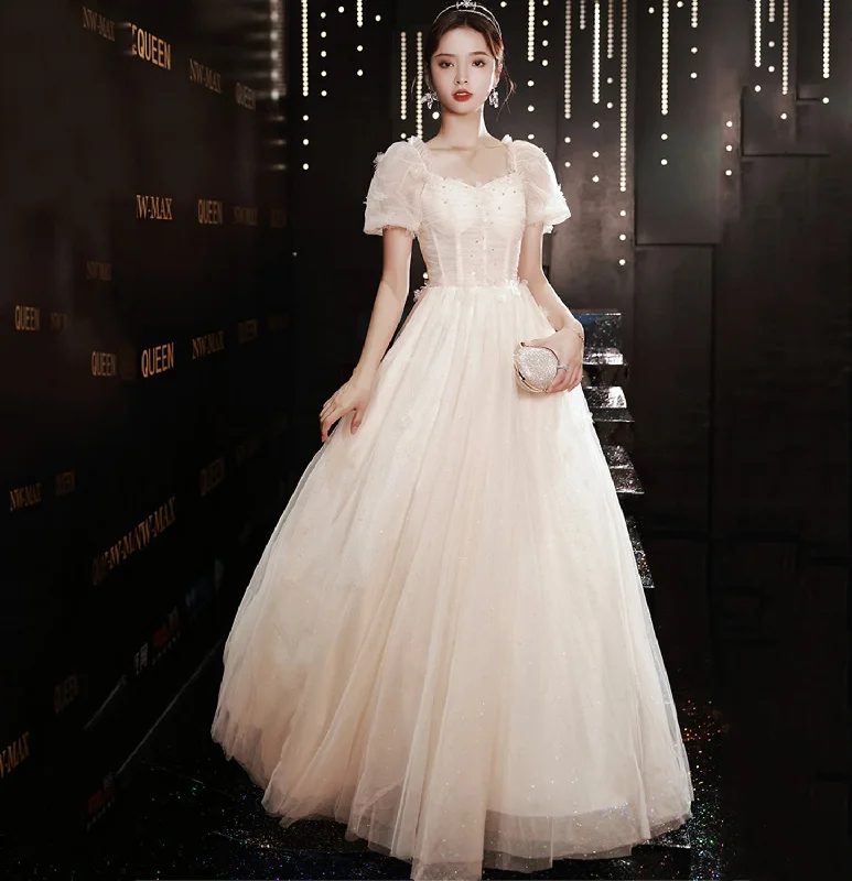 Classic Women's Clothing Styles White tulle sequins long prom dress A line evening gown  10035