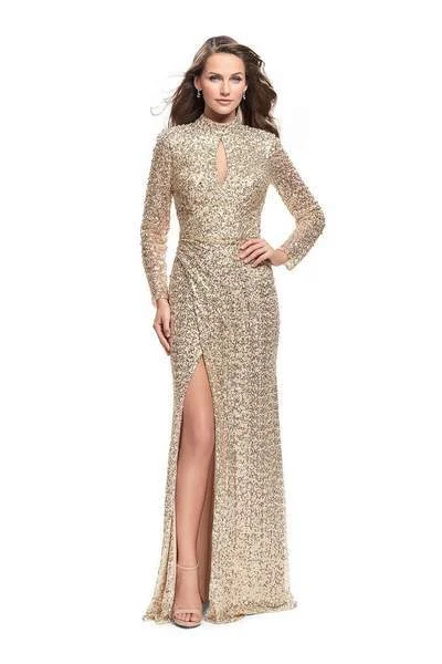 Women's Comfy Loungewear Outfit La Femme - Long Sleeve High Neck Sequined Evening Gown 26263 - 1 pc Gold In Size 4 Available