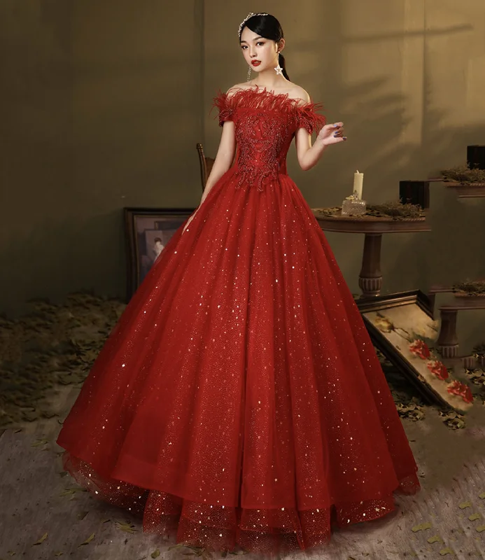 Women's Seasonal Apparel Red tulle sequins long ball gown dress A line evening dress  10324