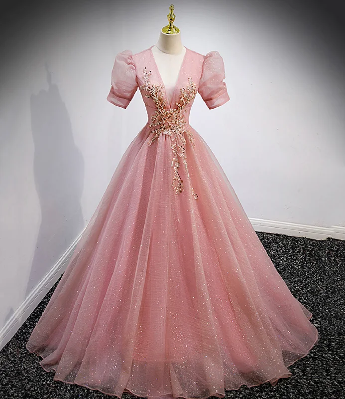 Women's Cozy Clothes Pink tulle beads long prom dress A line evening gown  10162