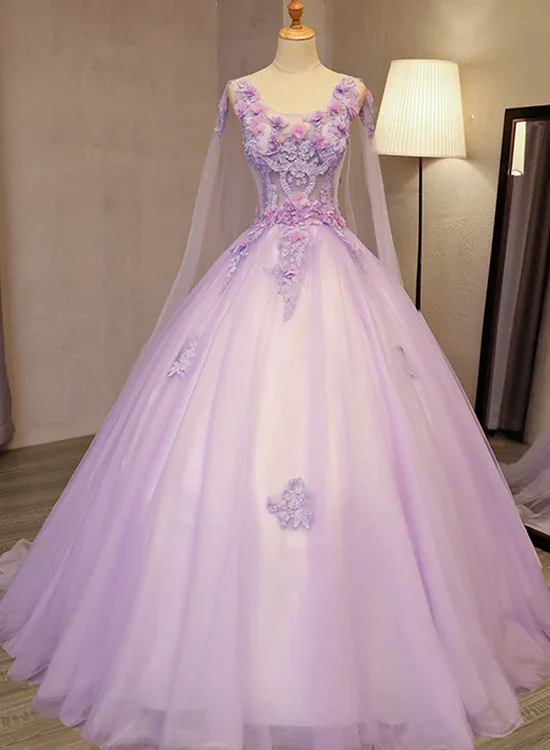 Women's Comfortable Lounge Attire Charming Lavender Tulle Flowers Long Prom Dress, Sweet 16 Gowns  gh380